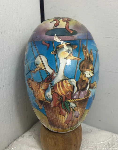 GERMAN PAPER MACHE FILLABLE NESTING EASTER EGG 6" Rabbit Chicken Hot