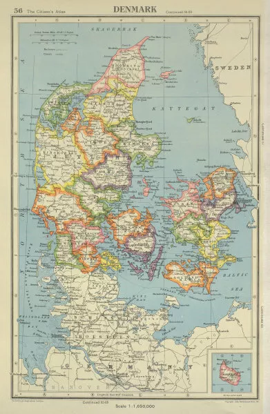 DENMARK. showing counties/amter. BARTHOLOMEW 1947 old vintage map plan chart