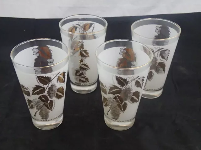 4 Vtg Mi Siècle Tom Collins Glace Thé Libbey Verres Givré Doré Feuilles Raisins