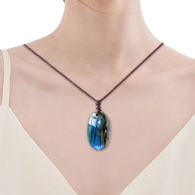 Raw Natural Labradorite Water Drop Pendant Quartz Crystal Stone Necklace Healing