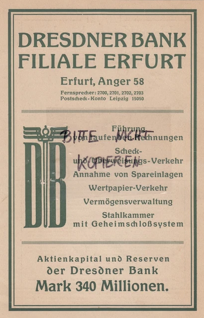 ERFURT, Werbung 1919, Dresdner Bank Filiale Erfurt