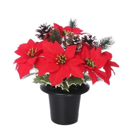 Christmas Red Poinsettia Flower With Cones and Pot Cemetery Grave Christmas 25cm