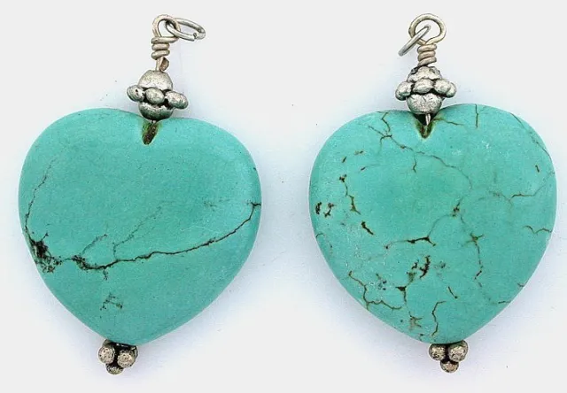 TWO 27mm Heart Magnesite Turquoise Color Pendant Focal Gem Stone Gemstone cf311