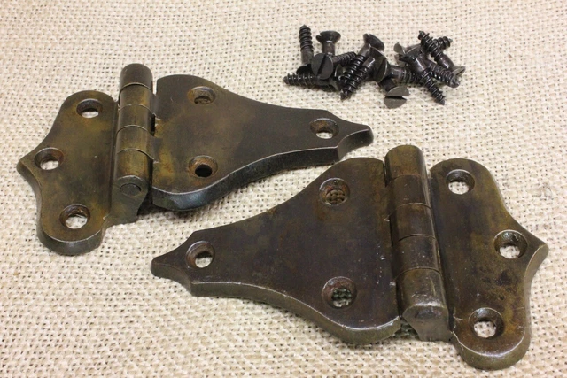 2 Old Icebox Door Hinges 3/8” offset Tarnished Brass 4 X 2 1/2” Vintage Patina