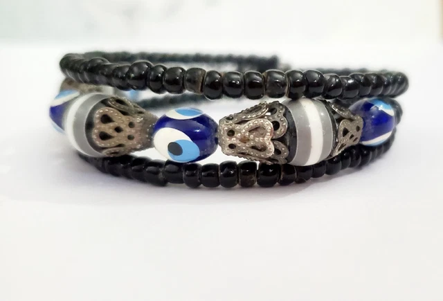 Evil Eye Black Beaded Memory Triple Wrap Bracelet