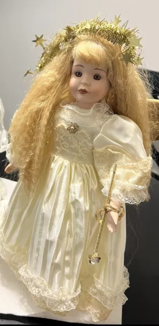 Porcelain Guardian Angel Doll Brown Eyes With Stand