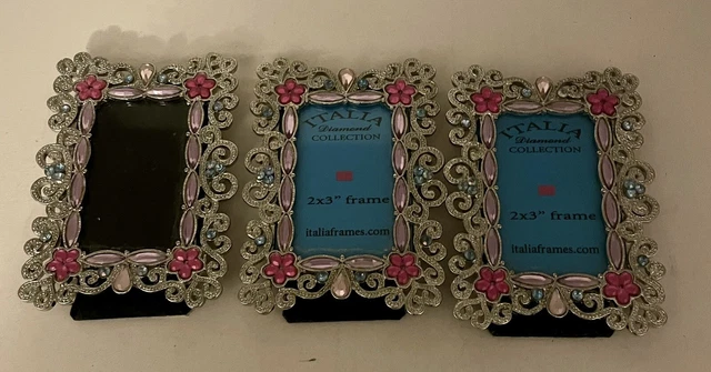 Vintage Picture Frame, Silver Blue pink stones Holds 2" x 3" Photo