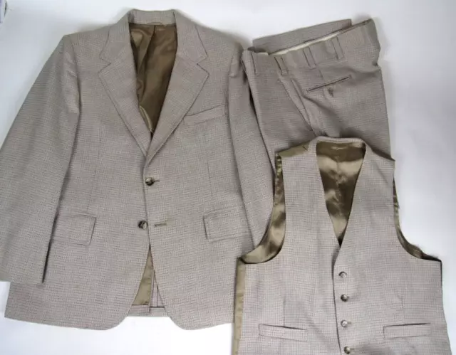 Vtg 1960s 3 Pc Polyester / Wool Leisure Suit Jacket Vest & Pants 60s 70s Plaid