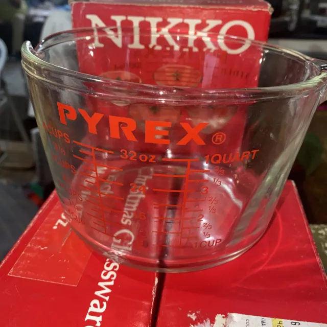 Pyrex 4 Cups 32 Oz 1 Litre Large Clear Glass Measuring Bowl Red Letters USA