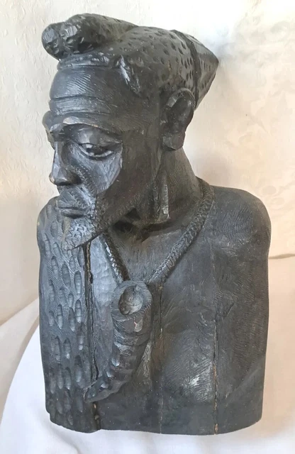 Vintage Hand Carved Ebony Wood Statue African Distingue Male Bust Figure 13.75"