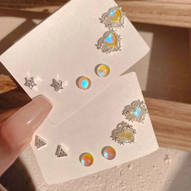 6pcs/set Colorful Crystal Opal Star Heart Stud Earrings For Women Sweet Girls