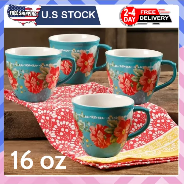 The Pioneer Woman Vintage Floral 4-Piece 16-Ounce Latte Mug Set Stoneware Cups