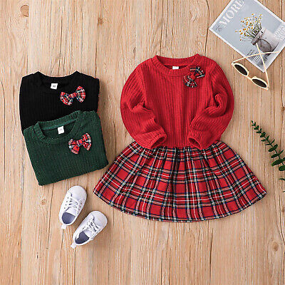 Toddler Kids Baby Girls Ribbed Long Sleeve Dress Bowknot Patchwork Plaid Dress