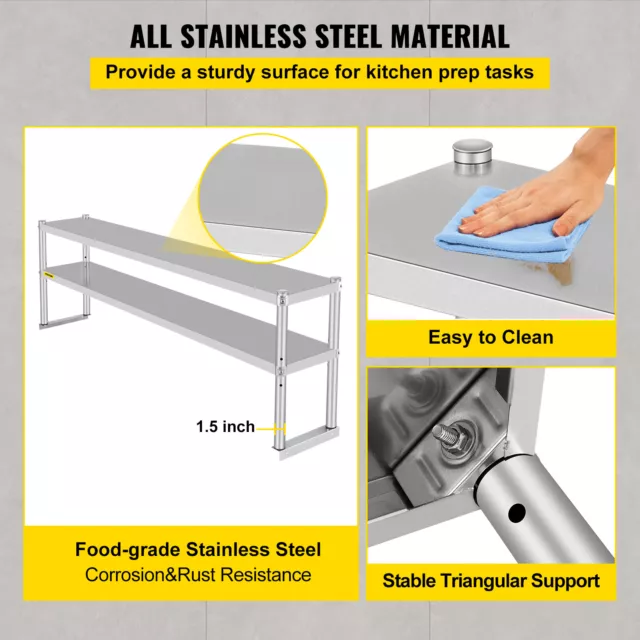 VEVOR Stainless Steel Commercial Wide Double Overshelf 72"X 12" for Prep Table 3