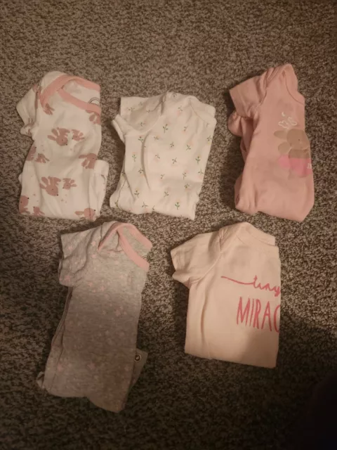 Baby Girl 5 Short Sleeve Bodysuits 0-3 Months Pink