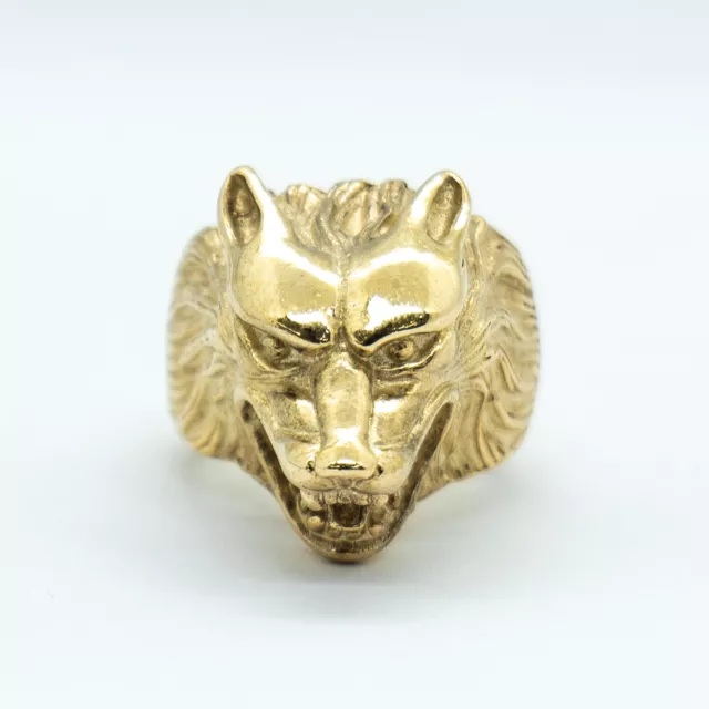 9ct 9K Yellow Gold Mens Wolf Head Ring Size V1/2. Brand New