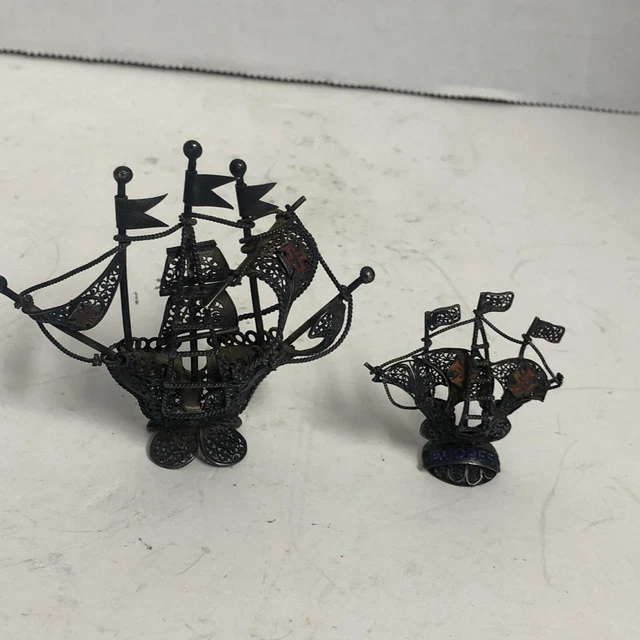 Vtg Antique Pair Sterling Silver Enamel Miniature ship  Sculptures Acores