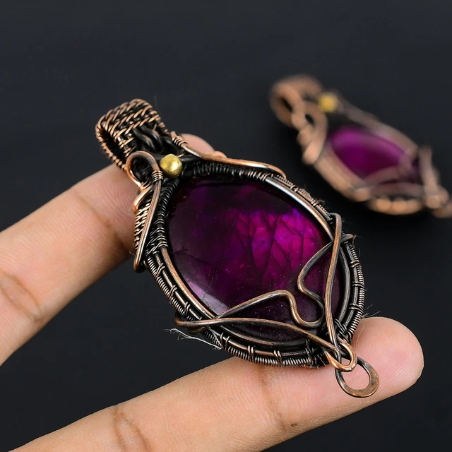 Pink Labradorite Gemstone Handmade Copper Wire Wrapped Pendant Jewelry 3" Easter