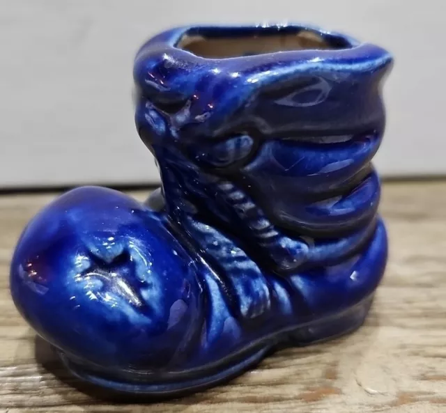 Ceramic Glazed Blue Boot Shoe Mini Figurine 2 Inch