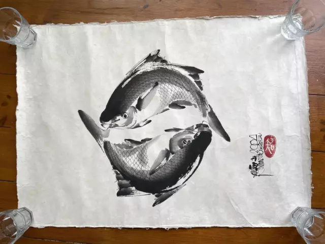 Großes Original Vintage japanische Tinte/Aquarellgemälde Fisch Koi Fische