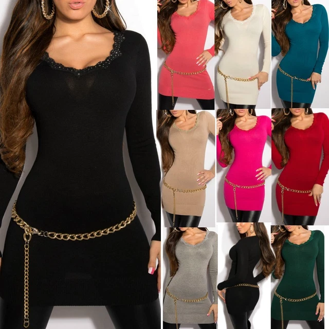 Sexy Miss Donna Pullover Lungo Pizzo Strass Maglia Mini Abito 34/36/38 Top