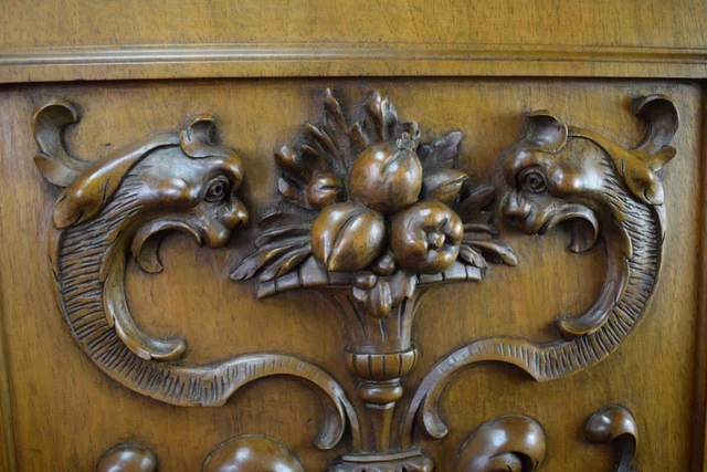 Antique French Hand Carved Solid Wood Door Griffin Chimera Fruit Basket Carving 4