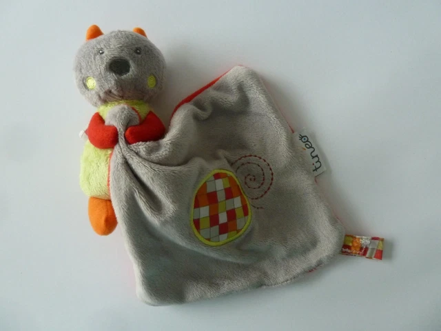 *. Doudou Tineo Chat Ours Gris Vert Rouge Orange Rond Spirale Mouchoir Et. Neuf*