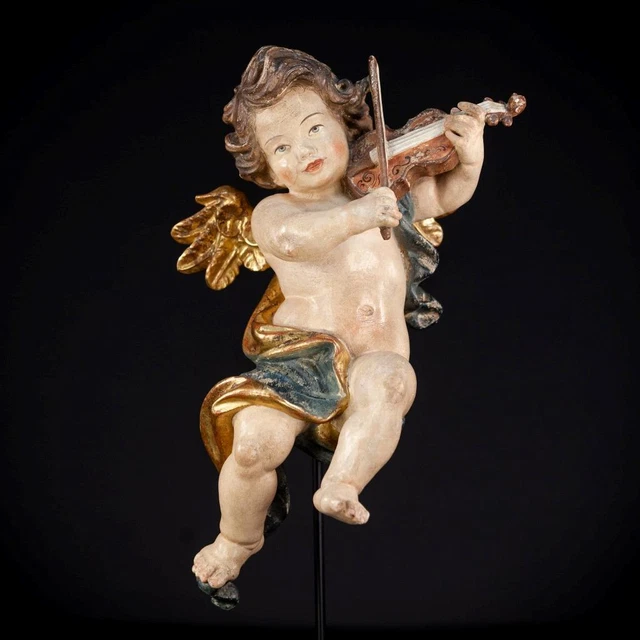 Ángel Escultura Arcángel Músico Madera Figura Vintage Madera Estatua 45cm