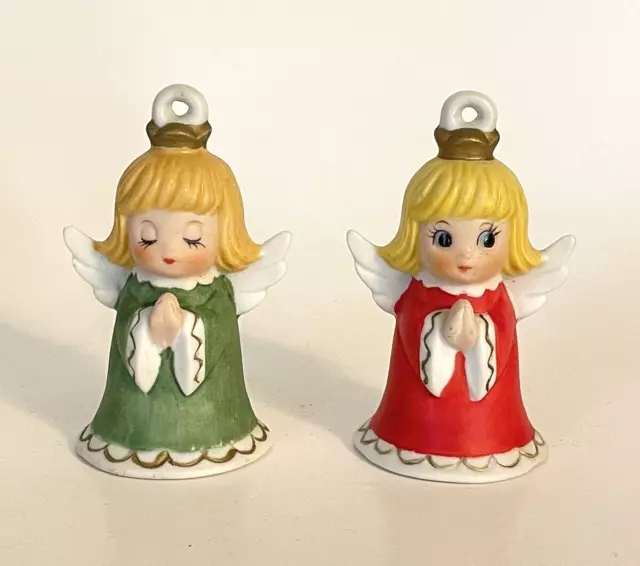 Set of 2 Vintage Lefton Praying Angel Bell Christmas Ornaments FLAW Taiwan