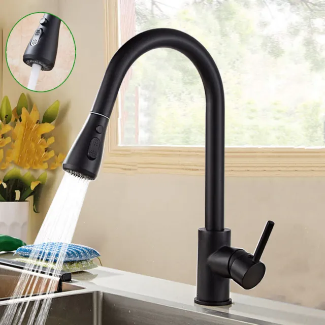Kitchen Faucet Black Single Level Pull Down Spray 360° Hot & Cold Mixer Tap UK