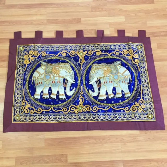 wall hanging kalaga tapestry thai burmese vintage 2 blue elephant embroidered