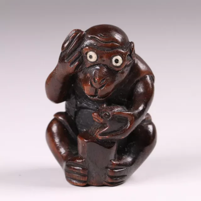 Antique Japanese Wood Carved Signed Netsuke Monkey Holding A Frog Meiji Era