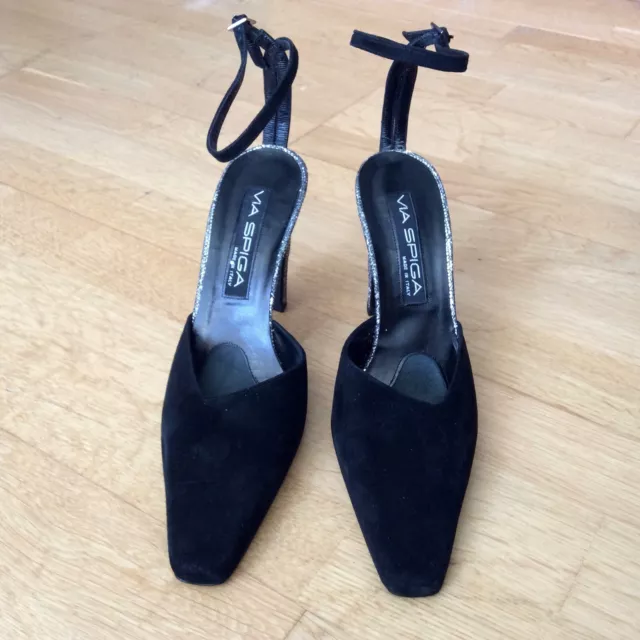 Chaussures à sangle cheville VIA SPIGA en daim noir + paillettes HH « Nina » taille 39/6 vintage neuves avec étiquettes 3