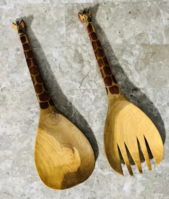 Africa Wooden Giraffe Handle Spoon Fork Serving Set Hand Carved 12” Salad