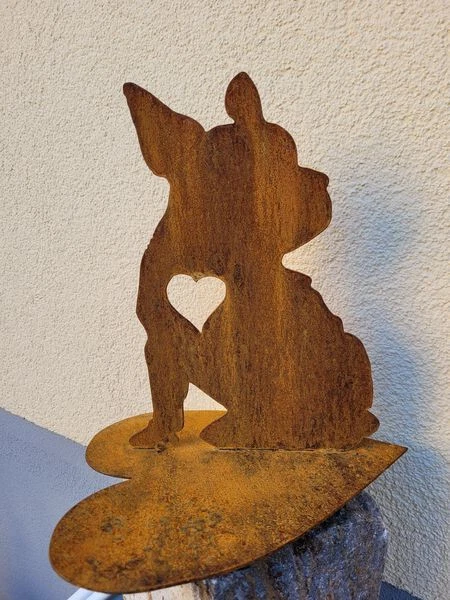 Edelrost Hund Bulldogge Figur Auf Bodenplatte – Garten- & Wohn-Deko, Höhe 30 Cm, Rustikaler Stil