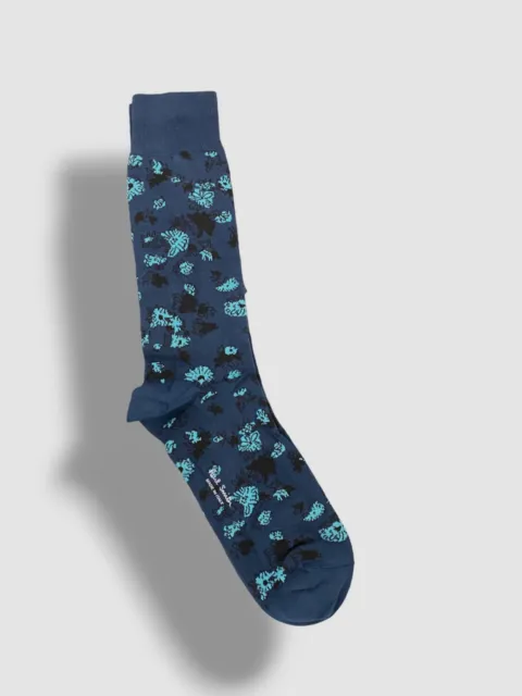 $30 Paul Smith Men's 1-Pair Blue Knit Logo Cotton Dress Floral Sock One Size