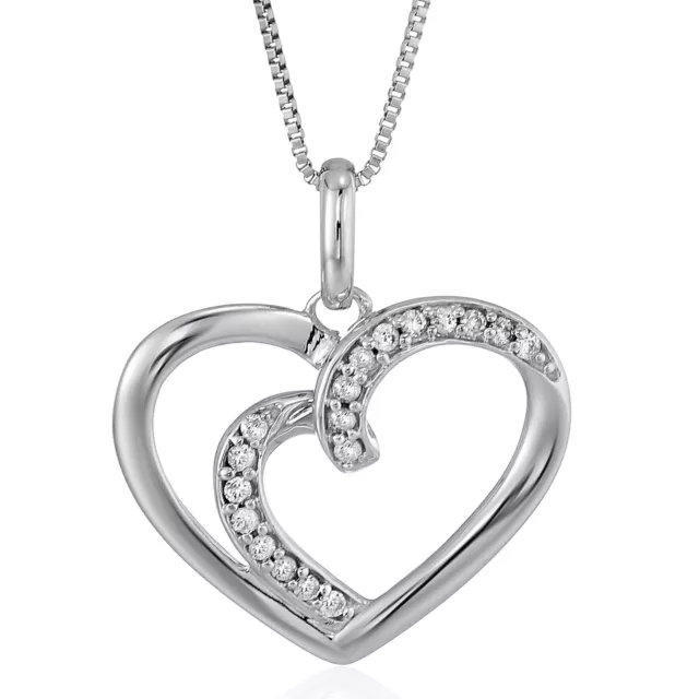 Diamond Pendant Necklace for Women 14K White Gold 1/12 CT Heart Shape 2/3 Inch