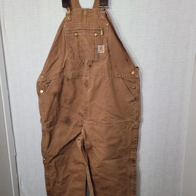 Carhartt R37 BRN Mens Brown Duck Bib Double Knee Overalls 46 x 30