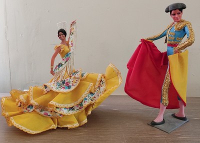 2 Vintage Marin Chiclana Doll Spanish Flamenco Dancer & Matador Bull Fighter 12"