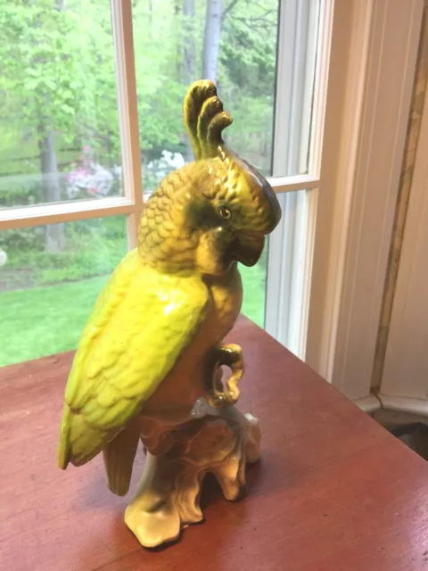 VINTAGE Green and Yellow COCKATOO BIRD  POTTERY CALIFORNIA FIGURINE on corn