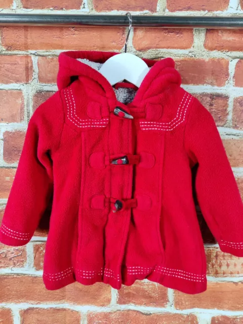 Baby Girls Mothercare Red Fleece Duffle Coat Jacket Age 12-18 Mopnths Hood 86Cm