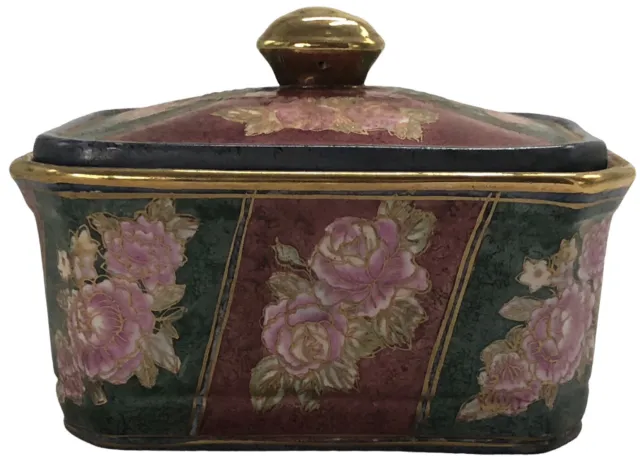 Caja de baratijas vintage Andrea By Sadek rosas florales cerámica rosa oro verde marrón.
