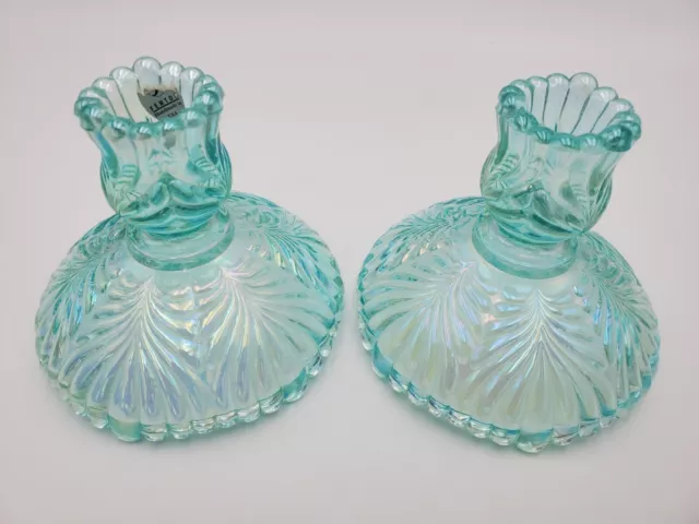 Pair Fenton Beauty Sea Green Mist Iridescent Carnival Glass Candle Holder Vtg