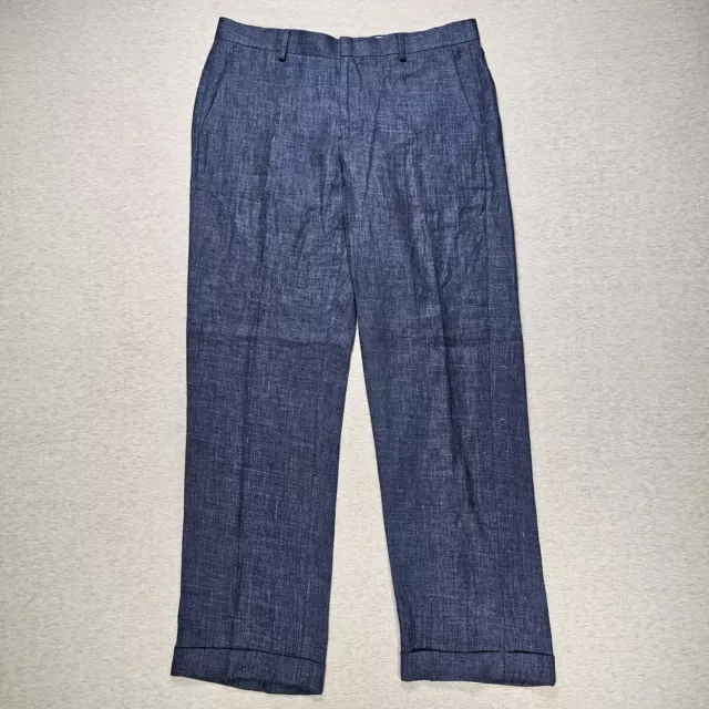 Baird McNutt Linen Pants Men's 34 X 30 Blue Murano Slim Fit Cuffed Flat Front