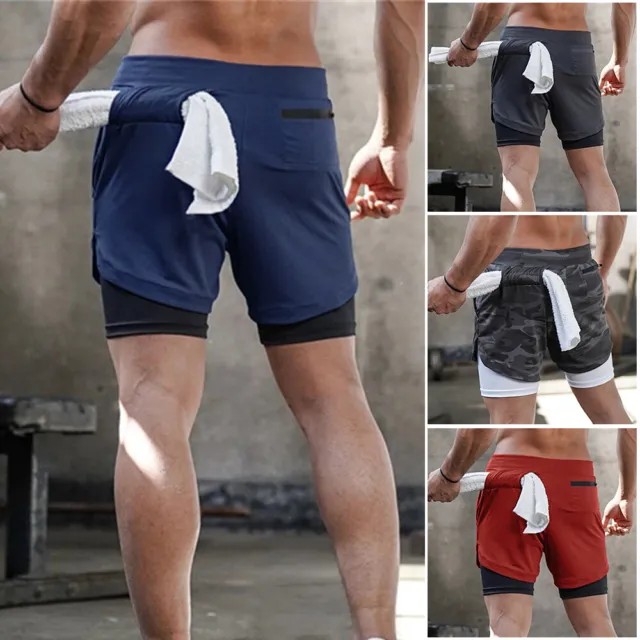 Mens Workout 2 in 1 Shorts Running Gym Athletic Fitness Jogging Phone Pocket AU