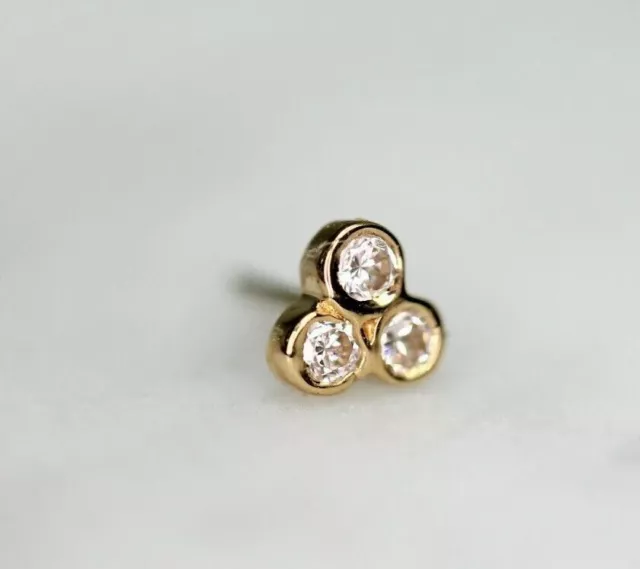 14k Solid Gold 3 Bezel Cluster Body Jewelry,  Stud,  Piercing 25g threadless Pin