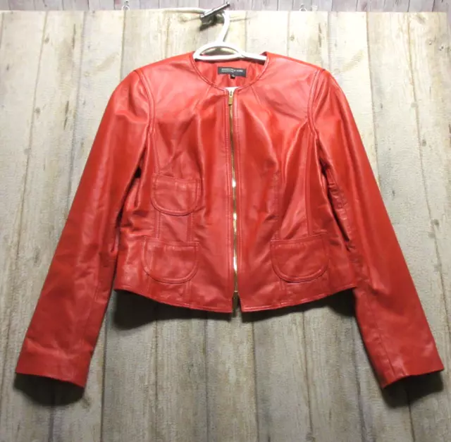 Jones New York Leather Jacket Womens Medium Red Full Zip Biker