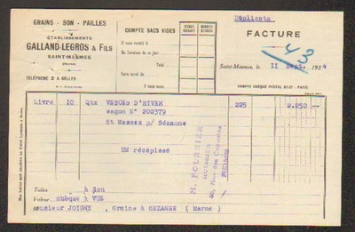 Renvoizé & fils  graines fourragères   Paris année 1893 facture    Ets 