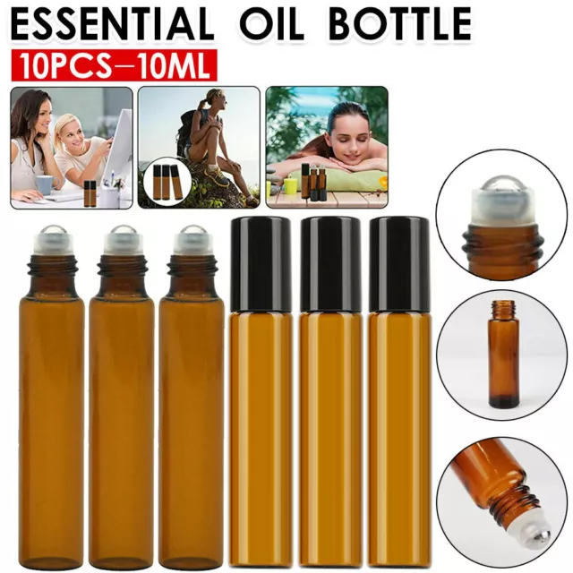 10X 10ml Roller Bottles Amber Thick Glass Steel Roll on Ball for Essential Oils