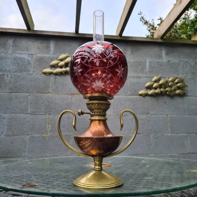 Original Victorian WAS Benson Copper Brass Oil Lamp Cut Glass Cranberry Overlay